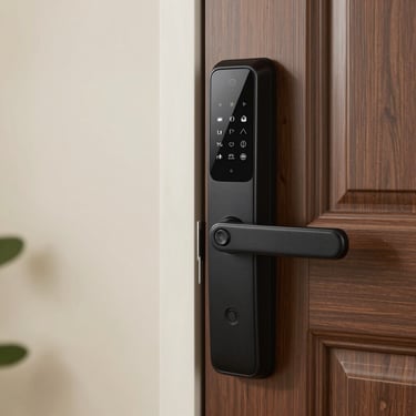 A close-up of a modern smart lock on a front door of a North American / US house, representing security and high-tech management.