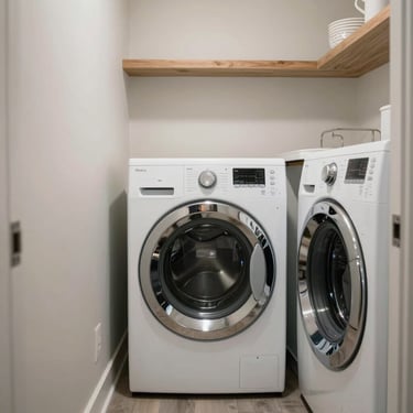 A clean, modern North American / US laundry room within a co-living house, emphasizing the convenience and cleanliness of our facilities.