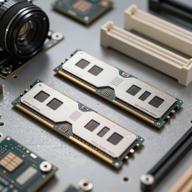 A close-up photograph of high-performance RAM modules and a CPU on a clean technical workbench, steel gray and off-white color palette, European / Portuguese workshop.