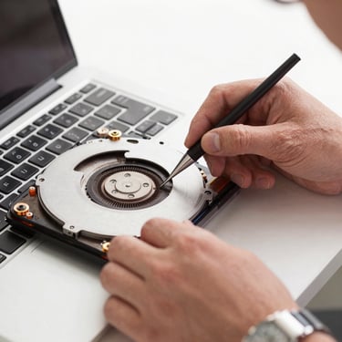 A photograph of professional technician hands wearing an anti-static wristband, cleaning a laptop cooling fan, bright studio lighting, European / Portuguese setting.