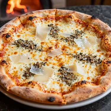 Close-up of a freshly baked 4 formaggi pizza with melted cheeses bubbling on a rustic wooden board.