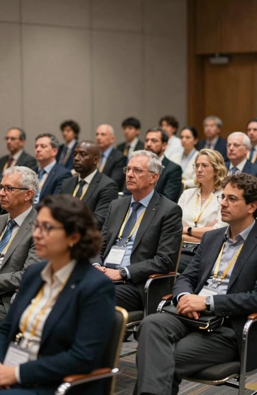 A diverse group of leaders participating in a high-level training seminar in an International / Global conference suite.