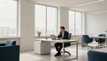 A calm and sophisticated office workspace with elegant minimalist furniture and subtle geometric lines in an International / Global city.