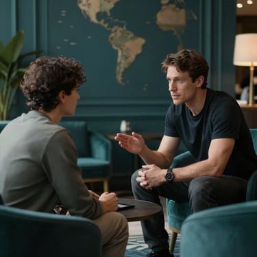 An individual coaching session between two professionals in a sophisticated International / Global lounge with dark teal decor elements.