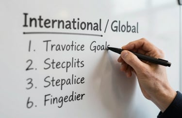 A close-up of a hand writing strategic goals on a clean white board in an International / Global business setting.