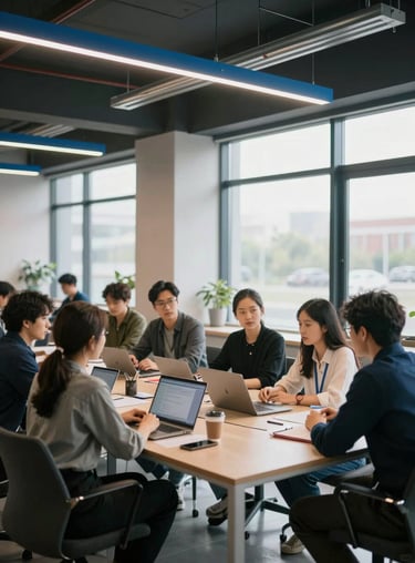 A modern team collaboration scene in a premium International / Global coworking space with natural light and steel blue accents.