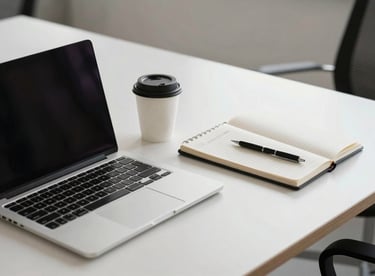 A minimalist, professional desktop featuring a high-end laptop and an organized notebook in a clean International / Global office.
