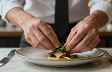 Close-up photography of a professional photographer's hands adjusting a garnish on a rustic plate in a North American restaurant. Soft natural light, sophisticated artisanal charm.