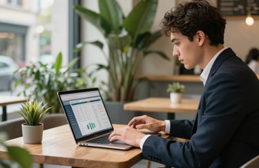 A modern workspace in a Western European cafe where a marketing professional reviews social media data on a laptop. The scene is bright and professional with Matte Forest Green plant life.