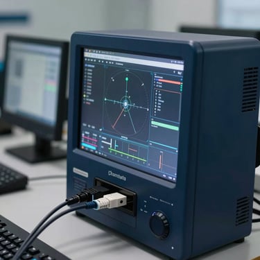 A close-up of a professional workstation featuring digital diagnostic screens and data cables, with soft lighting and a modern navy blue theme.