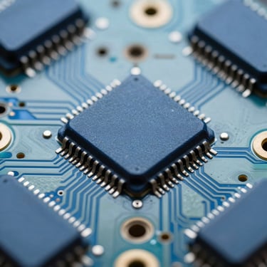 Macro photography of a high-tech circuit board with light blue and navy blue components, extremely clean and precise details.