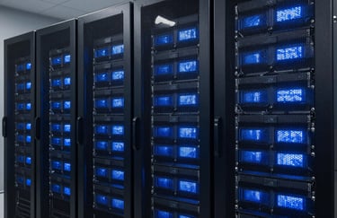 A sharp, detailed photograph of a cluster of high-end server towers in a modern data center, glowing with soft blue lights, representing technical precision.