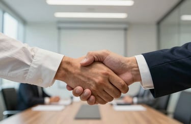 Close-up of a firm, professional handshake between two businesspeople in a bright, modern Brazilian boardroom. Symbols of agreement and trust.