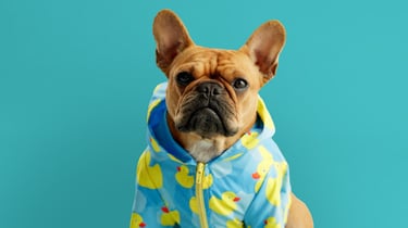 Bulldog francés con impermeable de patitos.