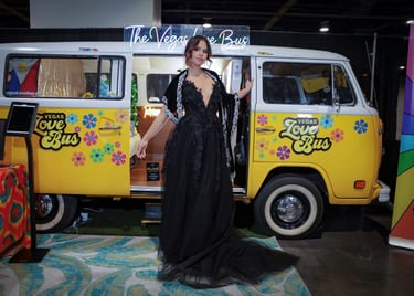 Beautiful model in front of a love bus in a wedding gown by Bartolini in Las Vegas
