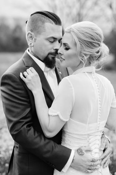 Black and white portrait of a bride and groom 