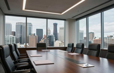 A sleek, professional meeting room in a Seattle skyscraper with views of the urban North American skyline, embodying financial establishment.