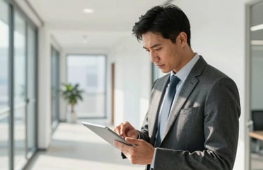 A professional in a business suit reviewing financial data on a digital tablet in a bright, sunlit North American office corridor.