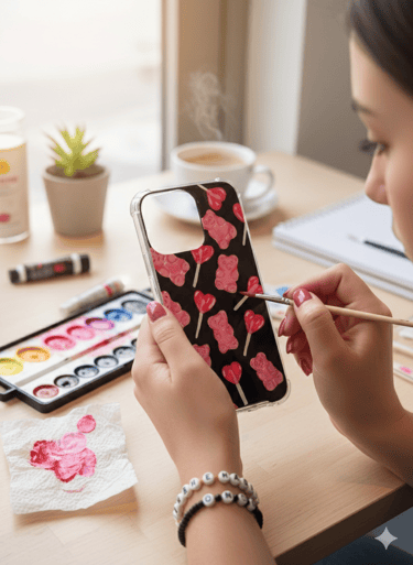 joven pintando funda de osos y corazones