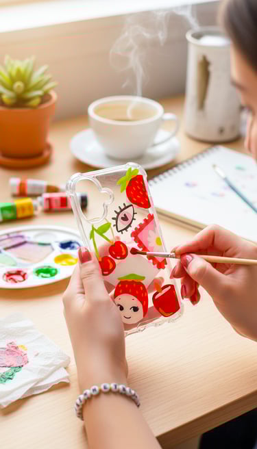 Artista pintando a mano una funda transparente de iPhone personalizada con ilustraciones de fresas