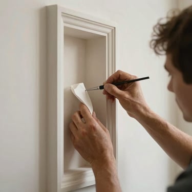 Detail of a skilled artisan's hands applying finish to a decorative drywall niche in a high-end Italian home restoration project.
