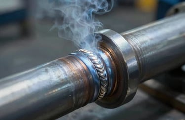 A detailed close-up of a professional-grade welded pipe joint in an industrial setting, highlighting clean, precise weld beads under soft mist blue lighting.