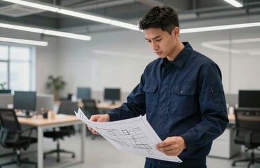 A technical professional reviewing detailed blueprints in a clean industrial office, wearing a deep navy uniform, with high-key lighting for a modern look.