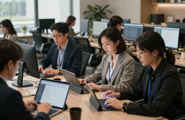 A high-end collaborative workspace in the US where professionals are working on tablets and computers in an airy, sophisticated environment.