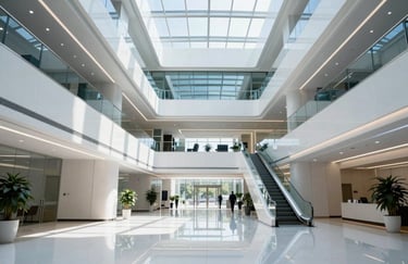 A professional setting in a North American corporate lobby, showcasing sleek architecture and a high-speed, futuristic atmosphere in bright white and blue tones.
