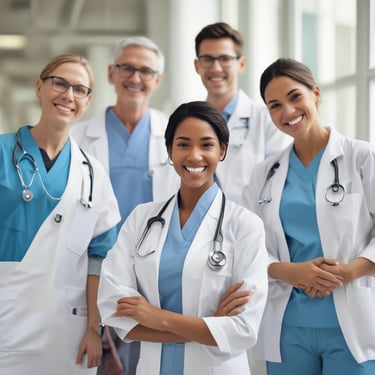 A smiling nurse warmly greeting a patient in a hospital room filled with natural light.