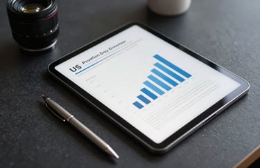 A professional flat-lay photograph on a dark charcoal desk featuring a tablet displaying a clean business graph and a silver pen in a US office setting.