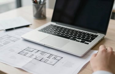 A close-up photograph of a professional office desk with a clean laptop and architectural blueprints in a brightly lit North American office.