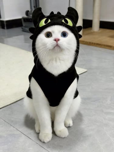 Gato blanco con heterocromía con una sudadera negra con capucha de dragón desdentado sentado en un s
