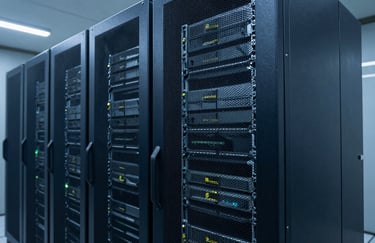 A high-tech server rack in a secure facility, representing the robust digital infrastructure of a Brazilian tele-attendant company, with dark blue lighting.