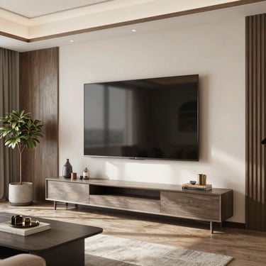 A technician carefully mounting a flat-screen TV on a living room wall with tools.