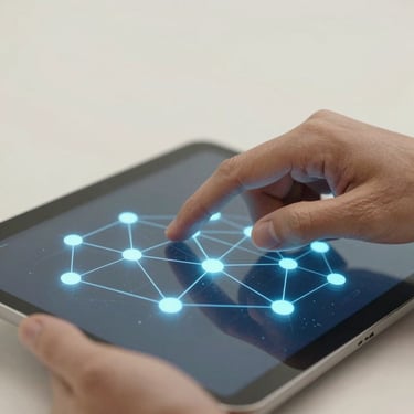 Close-up photography of a hand interacting with a high-tech digital tablet showing 3D network nodes, emphasizing strategic reliability and industrial innovation in an off-white and medium blue environment.