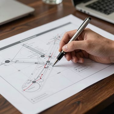 A close-up photograph of a professional's hand holding a high-quality pen, pointing at a detailed project roadmap on a dark wood table in a Western European corporate setting.