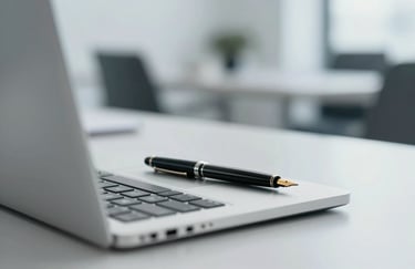 Close-up of a professional desk with a laptop and a fountain pen, with a blurred background of a modern office. Palette focuses on #1A2A3A and #F5F8FA.
