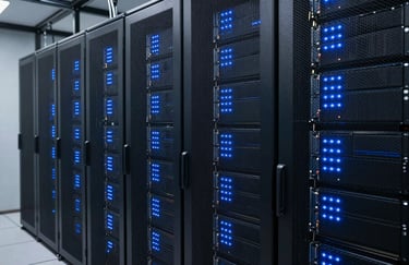 A high-tech data center interior with rows of servers and glowing blue indicator lights, representing reliability and modern technology.