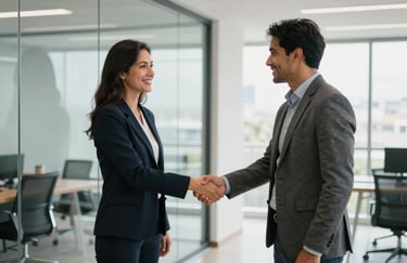 Two South American Brazilian professionals in business casual attire shaking hands in a bright, modern glass-walled office, reflecting trust.