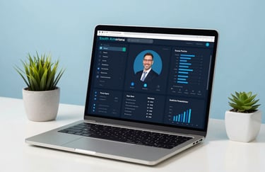 A modern laptop on a white desk showing a professional dashboard, surrounded by a small plant, in a clean South American office setting, light blue background.