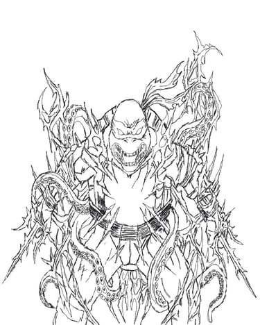 Black and white line art of a Teenage Mutant Ninja Turtle entangled in thorny vines and octopus tentacles.