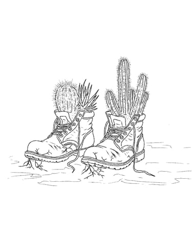 Black and white line art of desert cactus plants growing out of old work boots with roots.