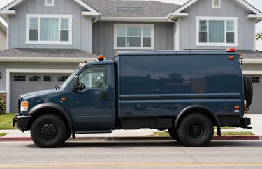 A professional, deep charcoal blue pest control service vehicle parked on a clean North American / US street in front of a modern home.