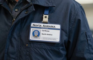 Close-up of a professional certification badge and emblem on a deep charcoal blue jacket of a technician in North America.