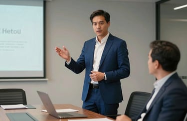 A professional man in a sharp Steel Blue suit presenting a growth strategy in a North American / US boardroom.