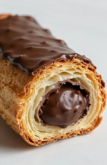 Pain au chocolat showing its delicate buttery layers and rich dark chocolate filling.