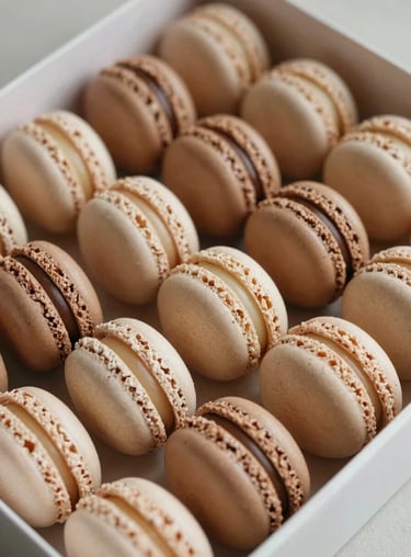 An elegant box of French macarons in earthy cream and brown tones.