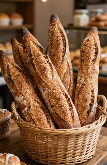 A basket full of crusty artisanal baguettes in a traditional French bakery setting.