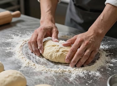 Hand-kneaded dough on a floured workbench in a professional artisan kitchen.